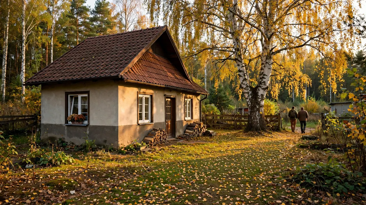 Dom jednorodzinny z dużą brzozą w ogrodzie jesienią