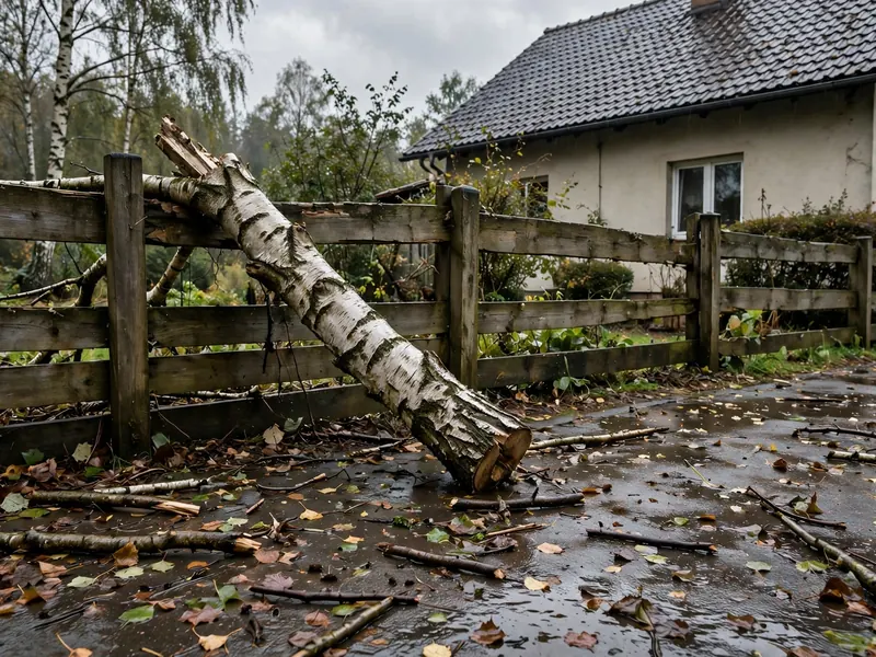 Odłamany konar brzozy oparty o drewniany płot po wichurze