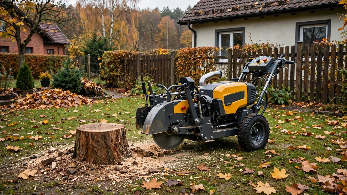 Frezarka do pni przy pniu po ściętym drzewie w ogrodzie