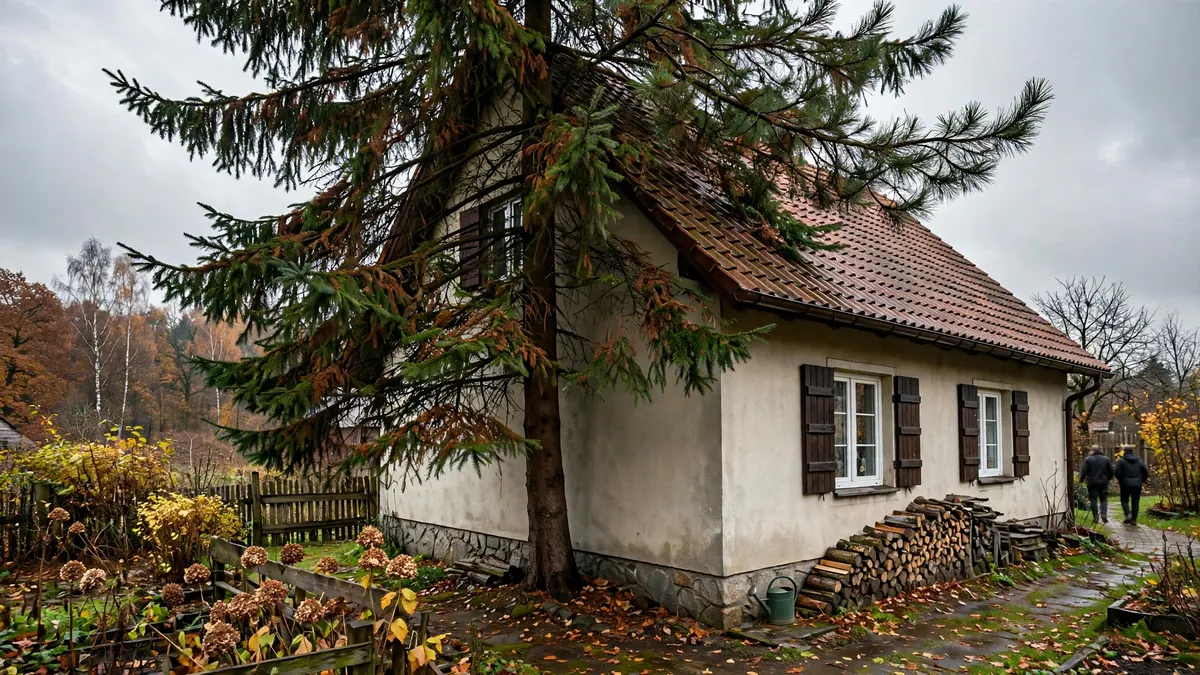 Wysoki świerk rosnący tuż przy ścianie domu, gałęzie nad dachem