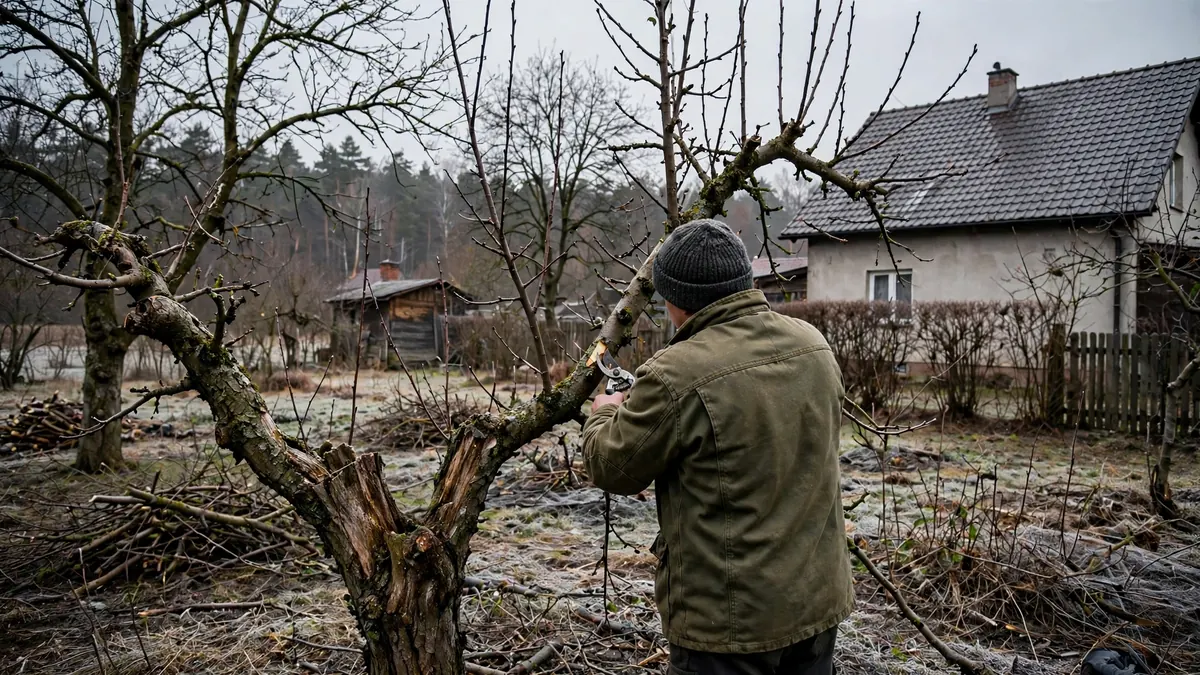 Przycinanie starej jabłoni w przydomowym sadzie zimą