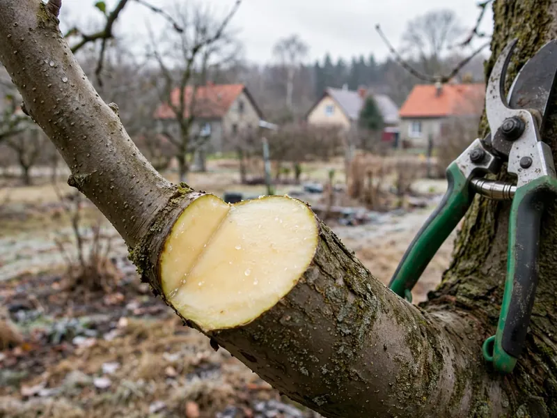 Gładkie miejsce cięcia gałęzi jabłoni przy nasadzie, obok sekator