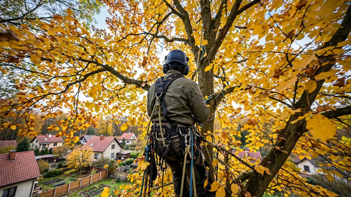 Arborysta w kasku i uprzęży pracuje na linach w koronie drzewa