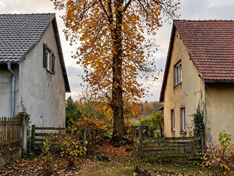 Wysokie drzewo na ciasnej działce między dwoma domami